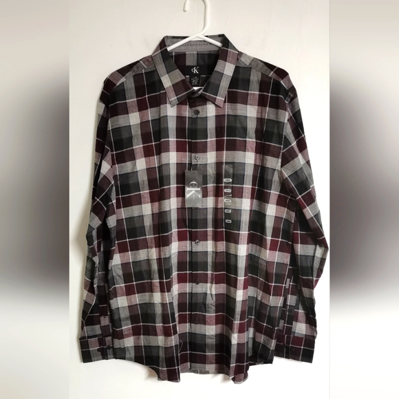 Calvin Klein Men's Button Down Blue Red Gray Plaid 100% Cotton Shirt L NWT